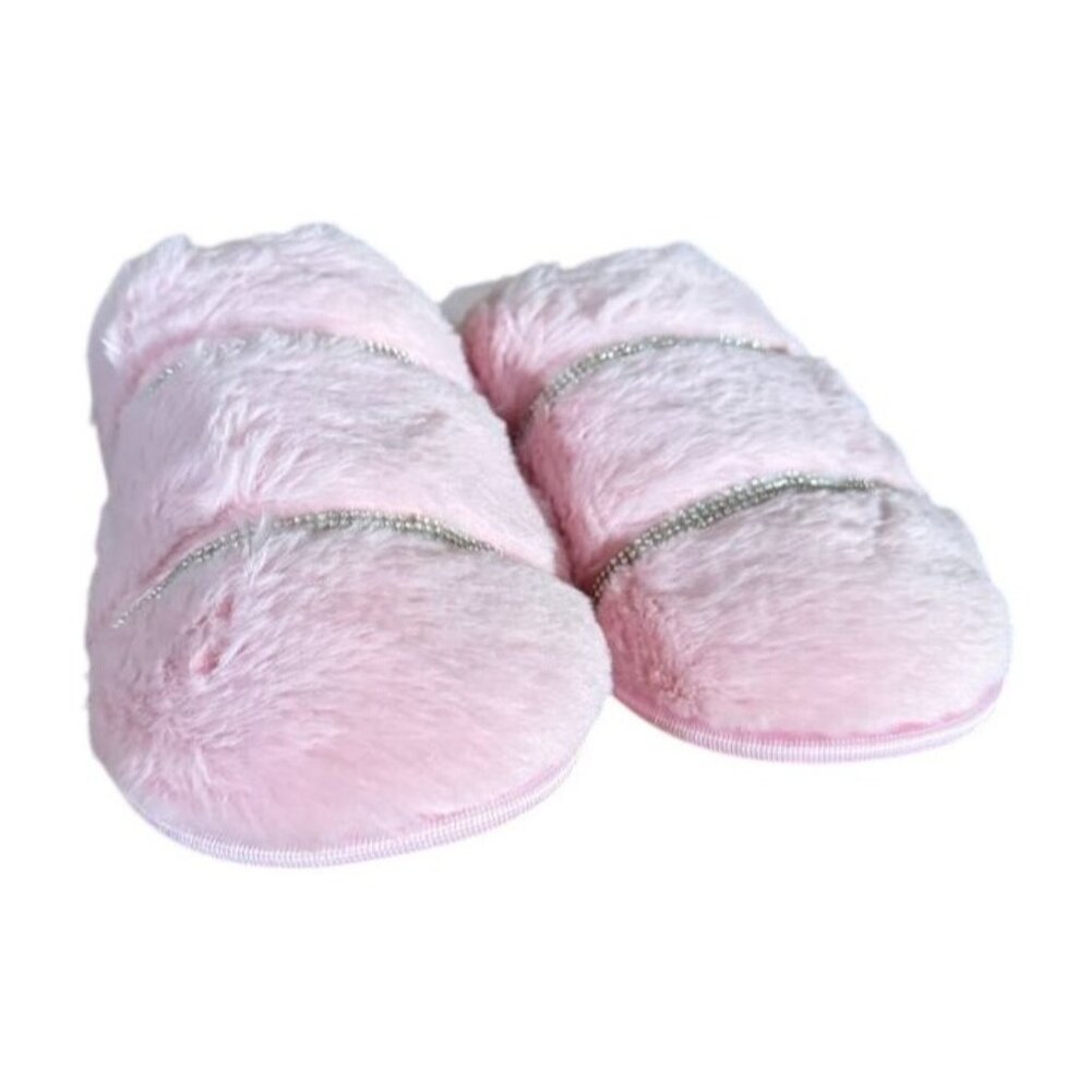 Women’s Pink Rhinestone Faux Fur Cozy Glam Slippers Size L (9–10) NEW